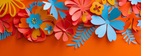 A cut-out paper banner with floral patterns, layered on a bright orange background, creating a vibrant and lively effect.の素材