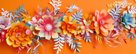 A cut-out paper banner with floral patterns, layered on a bright orange background, creating a vibrant and lively effect.の素材