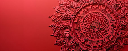 A cut-out paper banner with intricate mandala patterns, layered on a deep red background, creating a rich and detailed visual.の素材