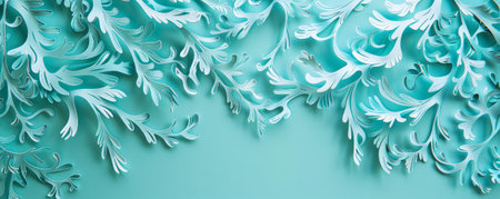 A cut-out paper banner with seaweed patterns, layered on a turquoise background, creating an aquatic and serene effect.の素材