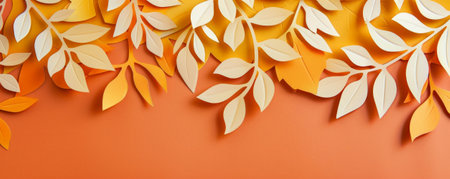 A cut-out paper banner with leaf vine patterns, layered on a bright orange background, creating a vibrant and lively visual.の素材