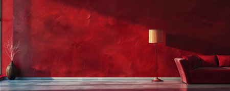 A dramatic depiction of an empty wall in deep ruby red, with a matte finish and subtle shadows, creating a rich and luxurious backdrop.の素材