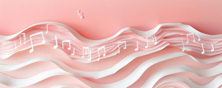 A cut-out paper banner with musical note patterns, layered on a soft pink background, creating a harmonious and artistic effect.の素材
