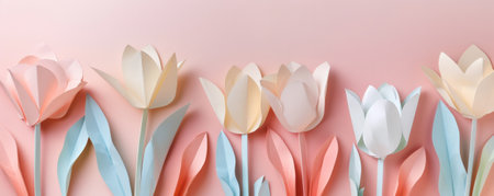 A cut-out paper banner with tulip patterns, layered on a light pink background, creating a soft and floral effect.の素材