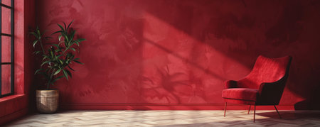A dramatic depiction of an empty wall in deep ruby red, with a matte finish and subtle shadows, creating a rich and luxurious backdrop.の素材
