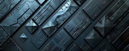 A futuristic metal texture with overlapping layers of angular panels, each with a different shade of metallic sheen and embedded LEDs, creating a complex pattern.の素材
