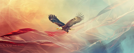 A dramatic image of an eagle swooping down with a wavy American flag as the backdrop, capturing the essence of freedom and strength.の素材