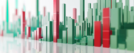 A dynamic bar with chart green and red bars showing stock market gains and losses, with bars of varying heights on a white background for high contrast.の素材