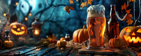 A Halloween-themed beer banner with a pumpkin ale, spooky decorations, and a dark, eerie background.の素材