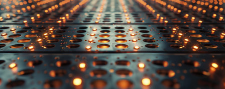A highly detailed metal surface with intricate latticework and soft, glowing lights embedded at the intersections, evoking a sense of advanced engineering.の素材