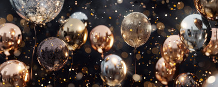 A festive scene with metallic balloons in gold, silver, and rose gold, reflecting light and creating a luxurious and celebratory mood against a dark background.の素材