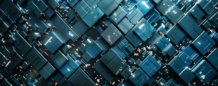 A futuristic metal texture with a repeating pattern of diamond shapes, each containing a small, illuminated circuit board, suggesting advanced technology.の素材