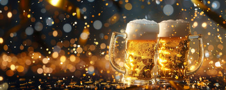 A pair of clinking beer mugs with foam spilling over, set against a celebratory background with confetti and streamers.の素材