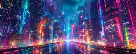 A neon cityscape with glowing bridges, skyscrapers, and streets, creating a colorful and vibrant urban scene.の素材
