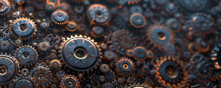 A metallic surface featuring a repeating pattern of interconnected gears and cogs, with subtle neon highlights that suggest advanced machinery.の素材