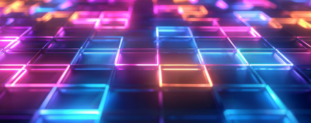 A neon background with a grid of glowing squares in various neon colors, creating a playful and lively atmosphere.の素材