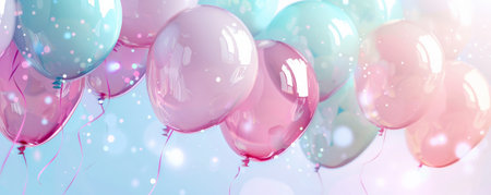 A playful background featuring pastel-colored balloons, gently floating against a soft gradient background, evoking a sense of lightness and celebration.の素材