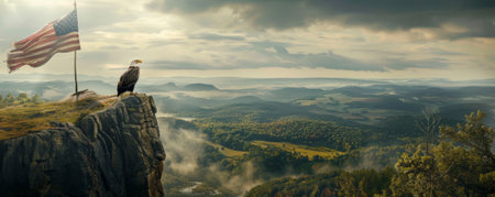 A powerful scene of an eagle perched on a cliff, overlooking a valley with a wavy American flag in the background, symbolizing vigilance and pride.の素材