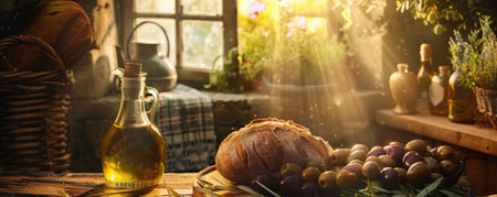 A rustic kitchen scene with a bottle of golden olive oil, fresh bread, and olives, with sunlight streaming through a window, emphasizing a cozy and inviting atmosphere.の素材