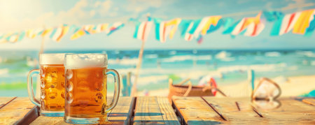 A retro summer beer banner with a frosty mug, vintage beach accessories, and a nostalgic boardwalk setting in the background.の素材