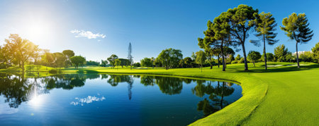 A serene golf course on a bright sunny day, with rolling fairways, a sparkling water hazard, and tall trees set against a clear blue sky.の素材