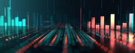 A sleek bar chart with teal and coral bars reflecting stock price changes, with the bars moving up and down against a dark background.の素材