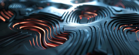 A smooth metal texture with a maze-like pattern of grooves and embedded lights that change color, creating a dynamic, high-tech aesthetic.の素材