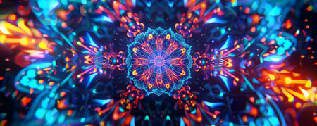 A neon background with a kaleidoscope of glowing shapes and patterns, creating a vibrant and mesmerizing visual.の素材