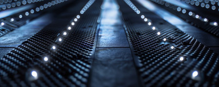 A brushed metal texture with a geometric pattern of intersecting lines and embedded LEDs that create a soft, ambient glow, giving it a futuristic feel.の素材