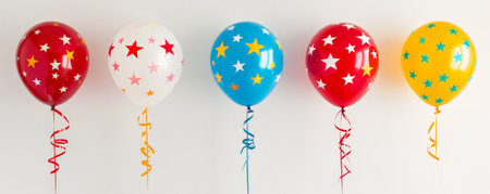 A cheerful scene with colorful balloons with star patterns, floating against a white background, creating a whimsical and festive atmosphere.の素材