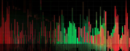 A dynamic bar chart with green and red bars showing stock market gains and losses, with bars of varying heights on a black background for high contrast.の素材