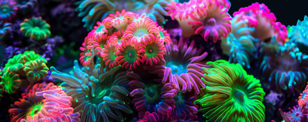 A stunning visual of fluorescent corals in a spectrum of vibrant colors like neon red, bright pink, and electric green, isolated on a black background to emphasize their luminescence and intricate details.の素材