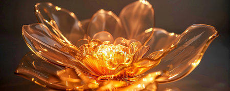 A transparent glass flower with neon amber light illuminating its petals. The warm, golden glow creates a striking contrast against the clear glass, highlighting the intricate design.の素材
