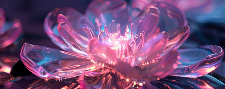 A transparent glass flower with neon fuchsia light illuminating its petals. The interplay of light and glass creates a mesmerizing and futuristic floral design.の素材