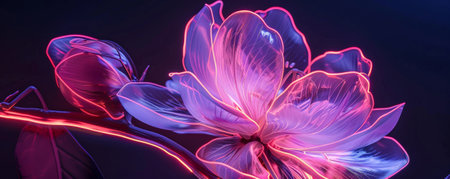 A transparent glass flower with neon pink light outlining its petals. The soft glow of the neon light adds a touch of elegance and modernity to the abstract floral design.の素材