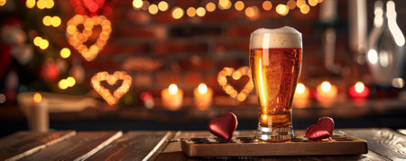 A Valentine's Day beer banner with a heart-shaped beer flight board, romantic decorations, and a cozy date night setting in the background.の素材
