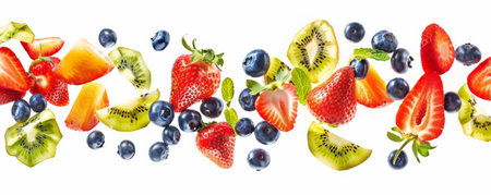 A vibrant assortment of fresh fruits including strawberries, blueberries, and kiwi slices, flying in mid-air against a white background, creating a dynamic and lively composition.の素材