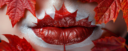A woman's lips adorned with the colors of the Canadian flag. The red and white hues are carefully designed to resemble the iconic maple leaf pattern.の素材