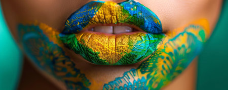 A woman's lips adorned with the bright colors of the Brazilian flag, featuring green, yellow, and blue hues. The intricate design captures the essence of Brazil's national pride.の素材