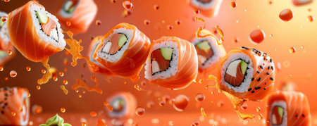 An array of fresh sushi rolls, flying in mid-air with soy sauce droplets and wasabi accents, creating a dynamic and appetizing scene.の素材