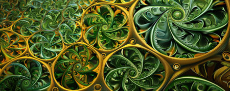 An intricate abstract background with interlocking circular shapes in shades of green and yellow, forming a complex and captivating pattern.の素材