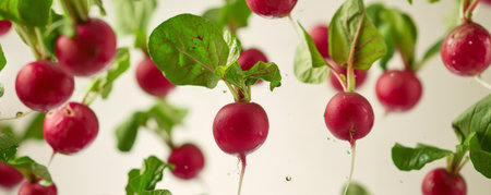 Bright, red radishes flying in mid-air, with green leaves attached, showing their crisp texture and spicy flavor.の素材