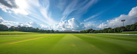 An expansive view of a cricket field on a sunny day, with a well-maintained pitch, vibrant outfield, and a bright blue sky, creating an idyllic setting.の素材