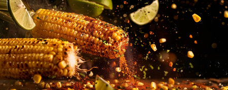 Char-grilled corn on the cob with golden kernels, flying in mid-air with melted herb butter and a dusting of smoked paprika, lime wedges scattered around.の素材