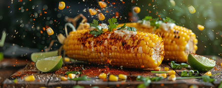 Char-grilled corn on the cob with golden kernels, flying in mid-air with melted herb butter and a dusting of smoked paprika, lime wedges scattered around.の素材