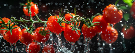 Bright, red cherry tomatoes flying in mid-air, droplets of water highlighting their juicy and sweet nature.の素材