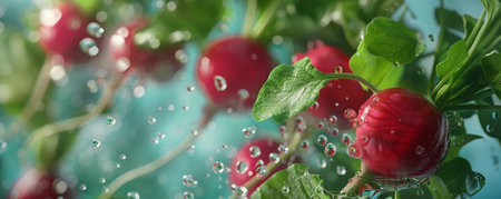 Bright, red radishes with green leaves attached, floating in mid-air, droplets of water highlighting their crisp texture and spicy flavor.の素材
