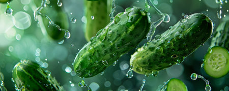 Crisp, green cucumbers floating in mid-air, droplets of water glistening on their surface, showing their refreshing and hydrating qualities.の素材