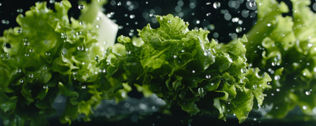 Crisp, green lettuce leaves floating in mid-air, droplets of water glistening on their surface, showing their fresh and crunchy texture.の素材