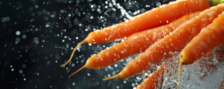 Crisp, orange carrot sticks flying in mid-air, droplets of water highlighting their fresh and sweet flavor.の素材